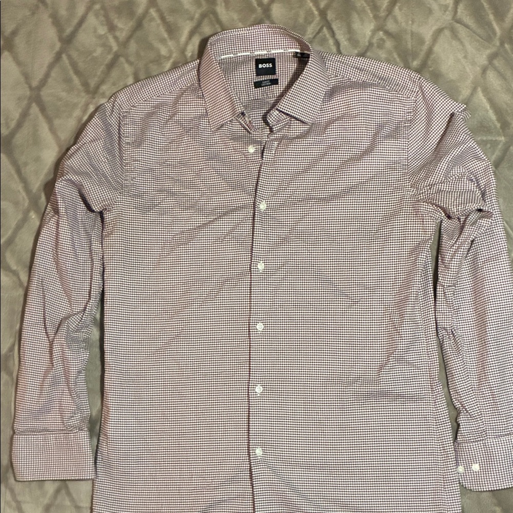 BOSS Hugo Boss Men's Maroon/White Micro-Check Dress Shirt L